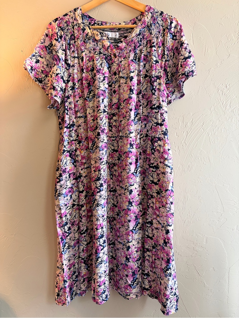 Croft & Barrow Pink/Purple Floral Shift Round Neck Short Sleeve Pockets Rayon XL